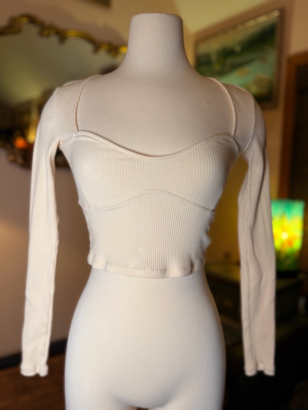 H&M Cream Ribbed Long-Sleeve Sweetheart Crop Top
